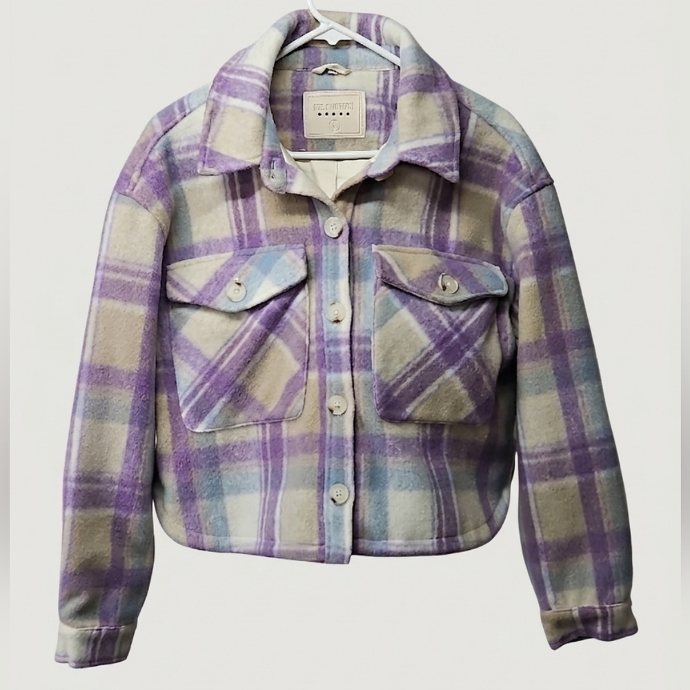 Blank NYC Plaid Cropped Lined Jacket Purple & Cream Sz Large Womens